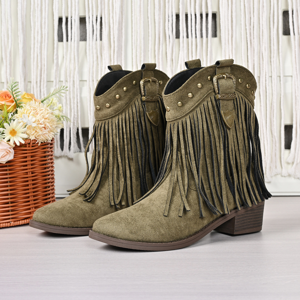 Retro Pointed Plus Size Bootie Ladies Tassel Western Cowboy Boot foto 5