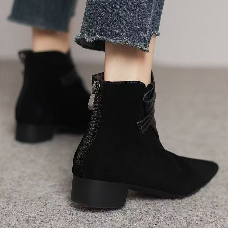 Retro Suede Pointed Toe Chunky Heel Ankle Boots foto 5