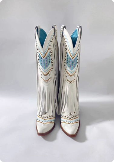 Retro Embroidered Rhinestone Slip-on Tassel Boots For Women foto 2