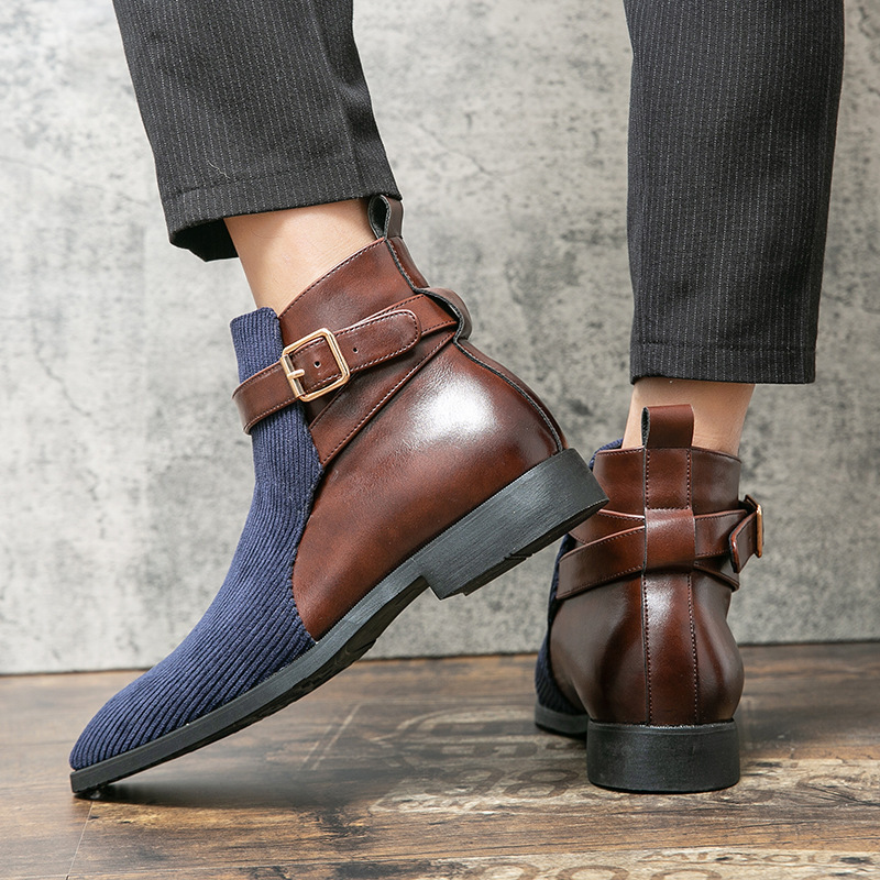 Men's High Top Working Wear Retro Platform British Style Color Block Biker Short Boots foto 3
