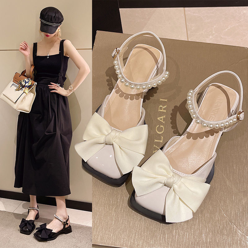 Summer Bow-Knot Pearl Low-to-Mid-Heel Leather Shoes foto 3