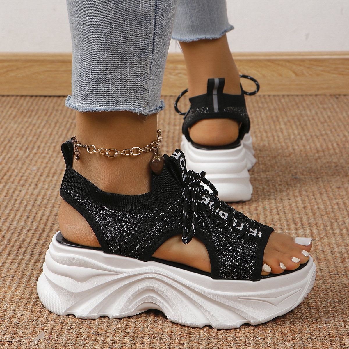 Women's Shoes Fashion Hollowed-out Mid Heel Mesh Sports Platform Sandals foto 5