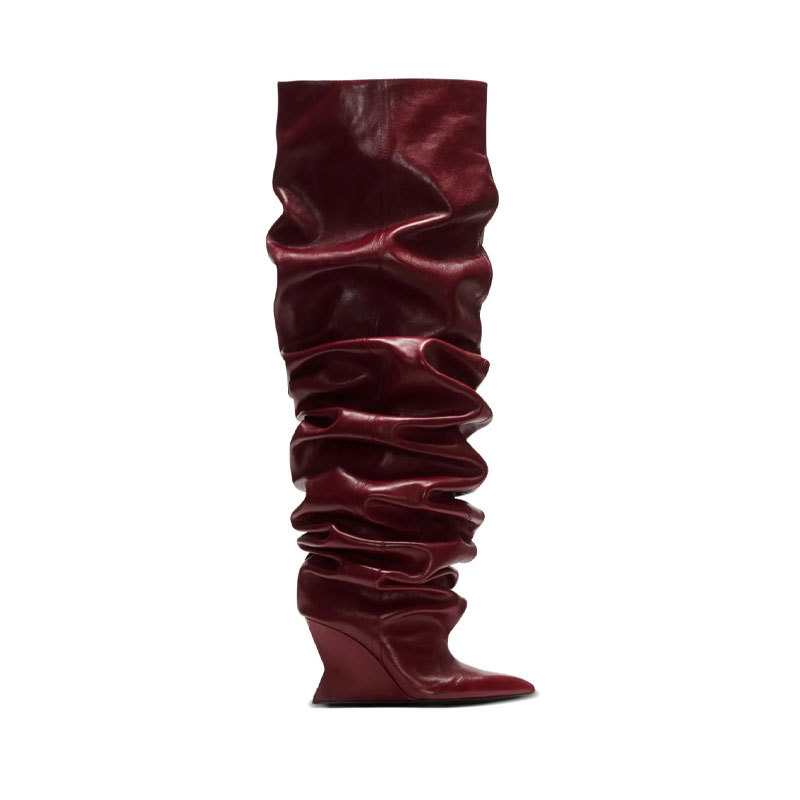 Catwalk Pleated Over-the-knee Boots Female Pointed Toe Wedge High-heel Boots foto 3