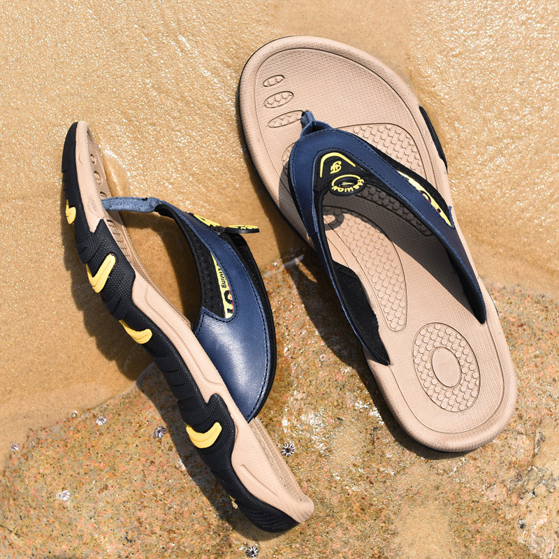Men's Flip Flops Genuine Leather Summer Breathable Non-slip Platform Outdoor Beach Slippers foto 3
