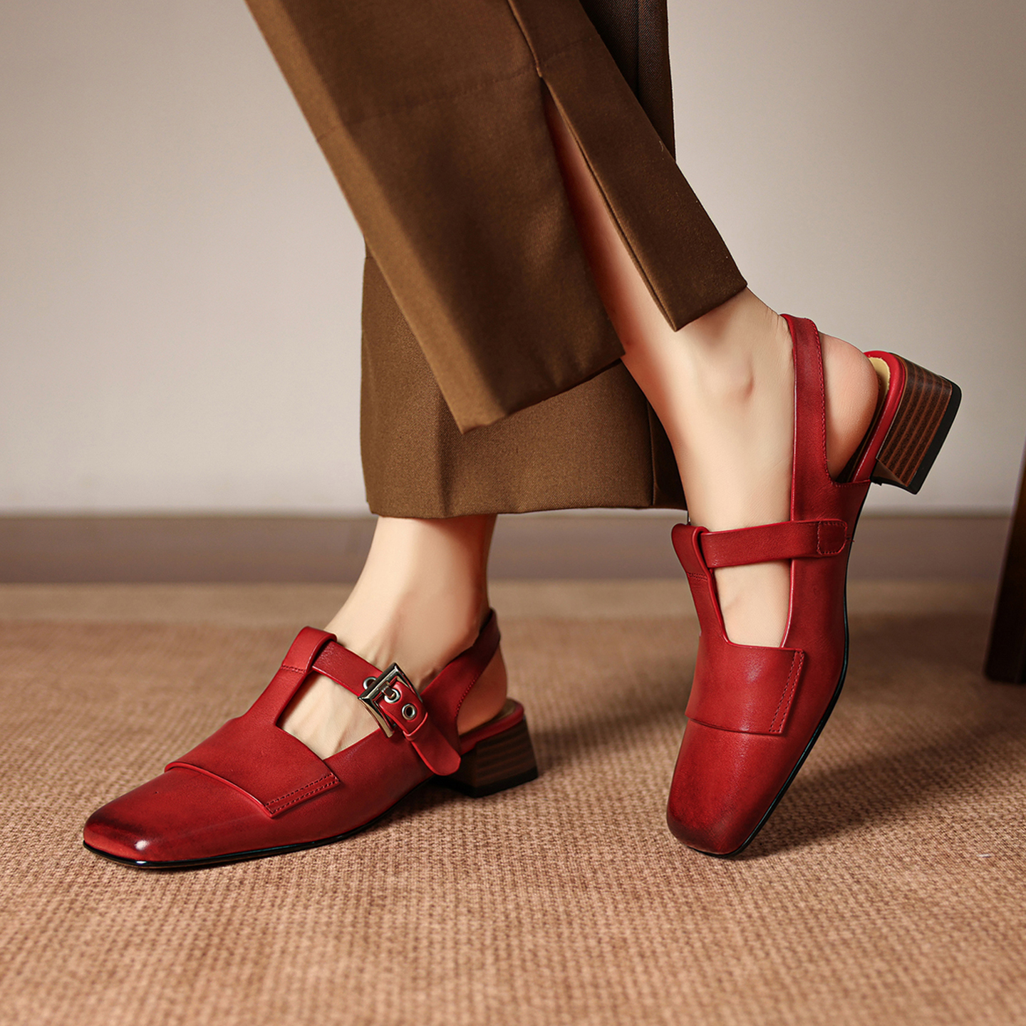 Women's Handmade Full-Grain Leather T-Strap Slingback Mary Jane Sandals, Square-Toe Block Heel Shoes