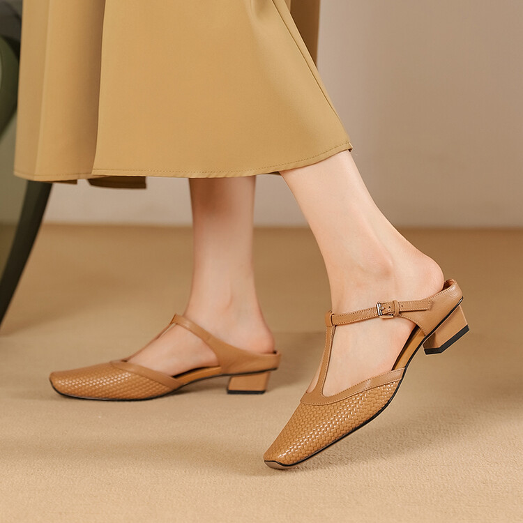French-style Chunky-heeled T-strap Mary Jane Closed-toe Half-slipper foto 3