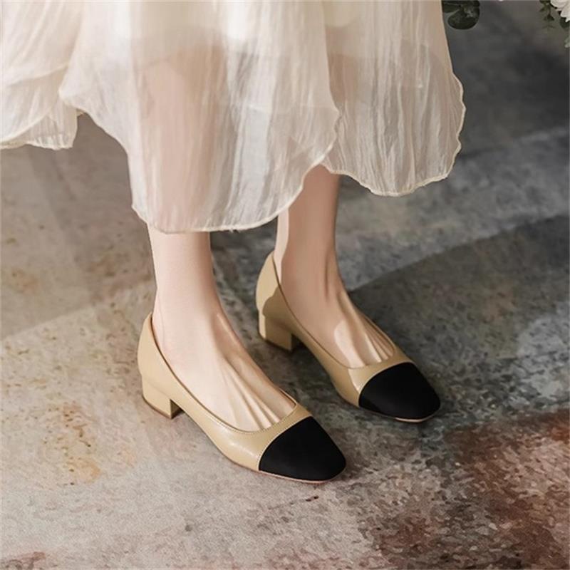 Womens French-style Soft Leather Patchwork Chanel-inspired Chunky-heel Square-toe Pumps foto 4