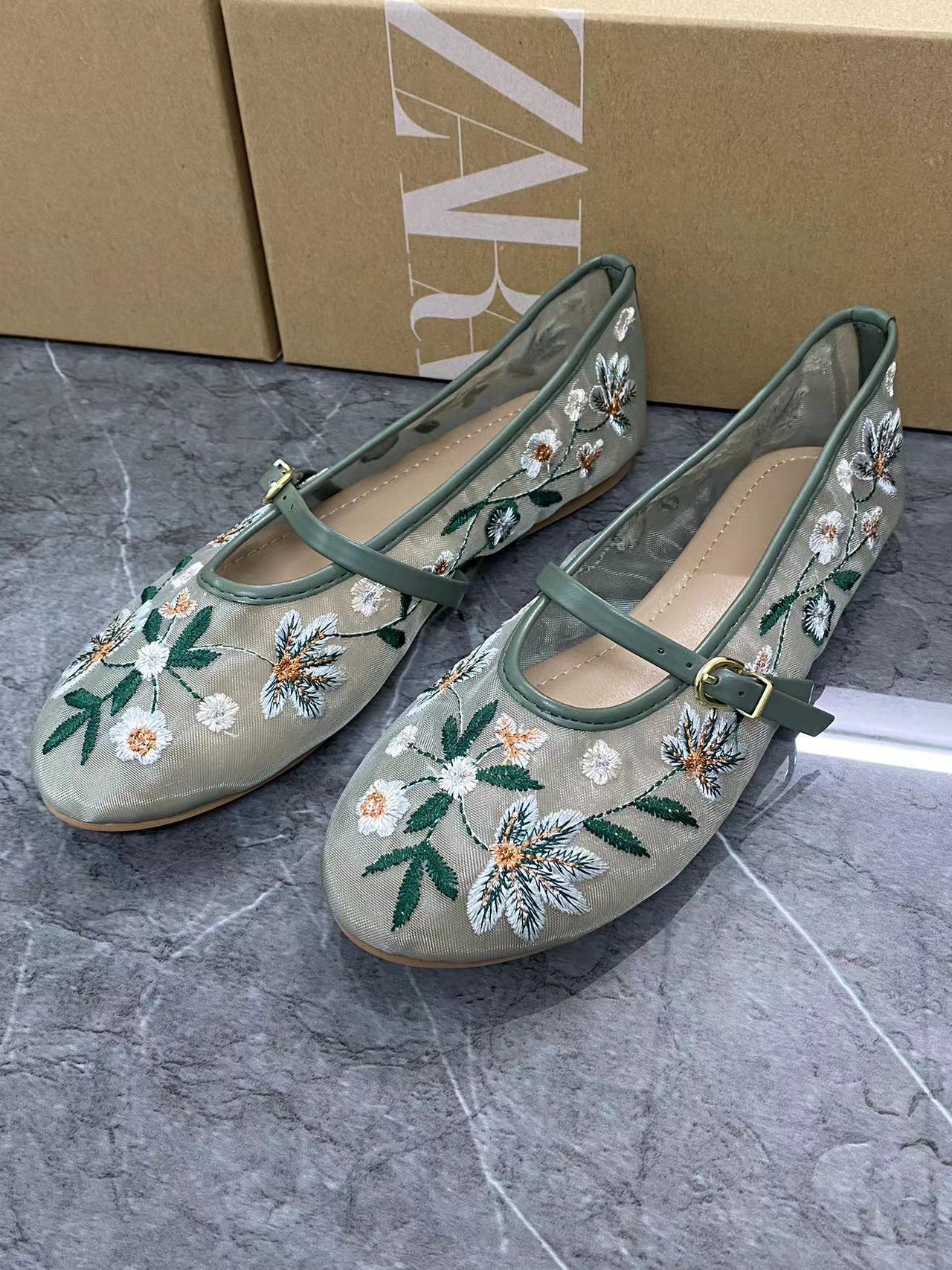 Women's Shoes Green Flower Embroidered Mesh Cloth Ballerina Flats New Guo Feng foto 2