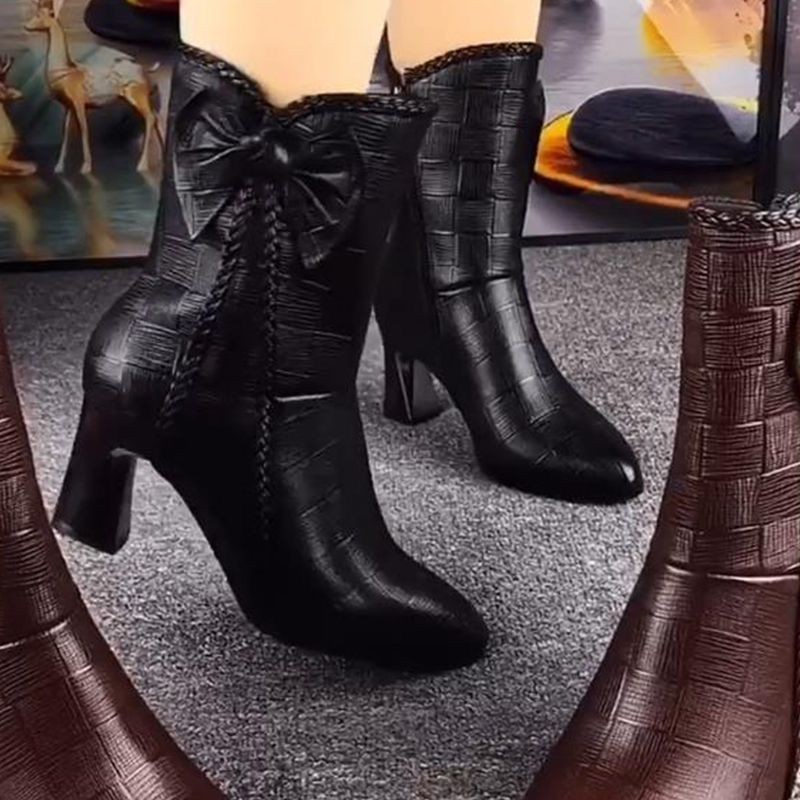 New Fallwinter Velvet Lined Fashion Leather Boots Mid Calf High Heeled Boots