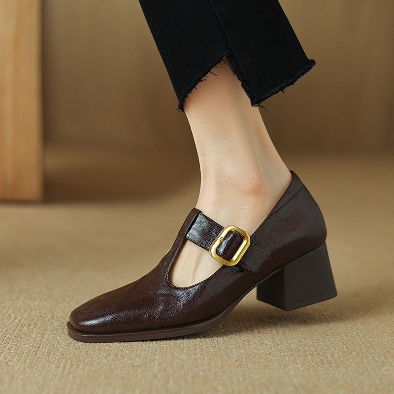 Mary Jane Leather Shoes Retro Square-toe Pumps foto 2