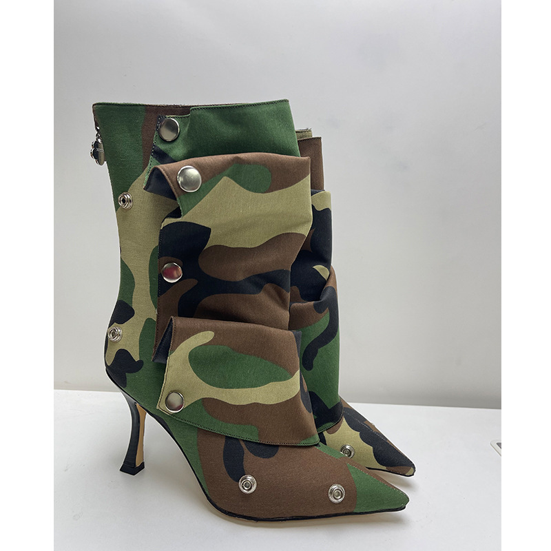 Women's High-heeled Pointed-toe Denim Patchwork Ankle Boots With Metal Studs