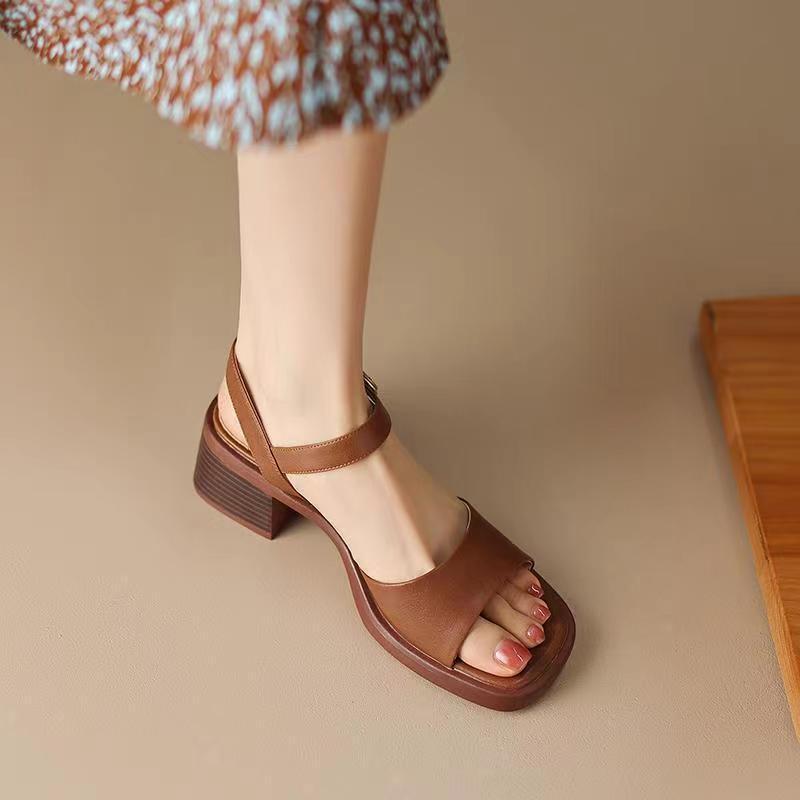 Real Soft Leather French Sandals Female Square Toe foto 2
