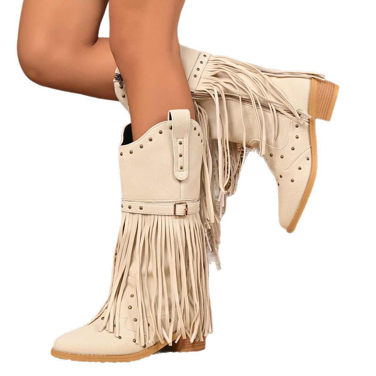 Western Cowboy Women's Boots Belt Buckle Rivet Tassel Big Middle Boots
