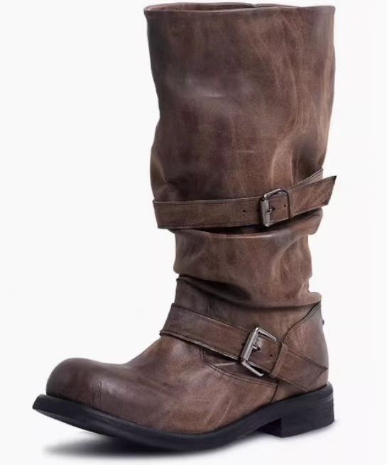 Chunky-heeled Vintage Distressed Mid-calf Boots Womens foto 3