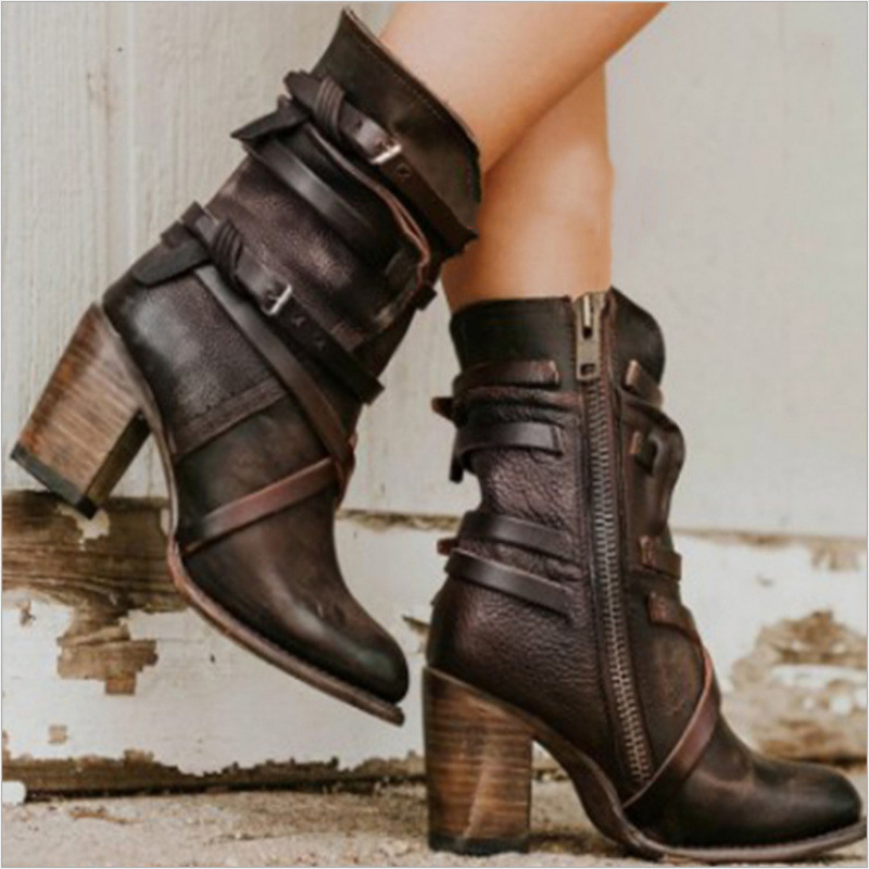 Womens Retro High-Heel Chunky-Heel Side Zipper Ankle Boots With Buckle Details foto 4