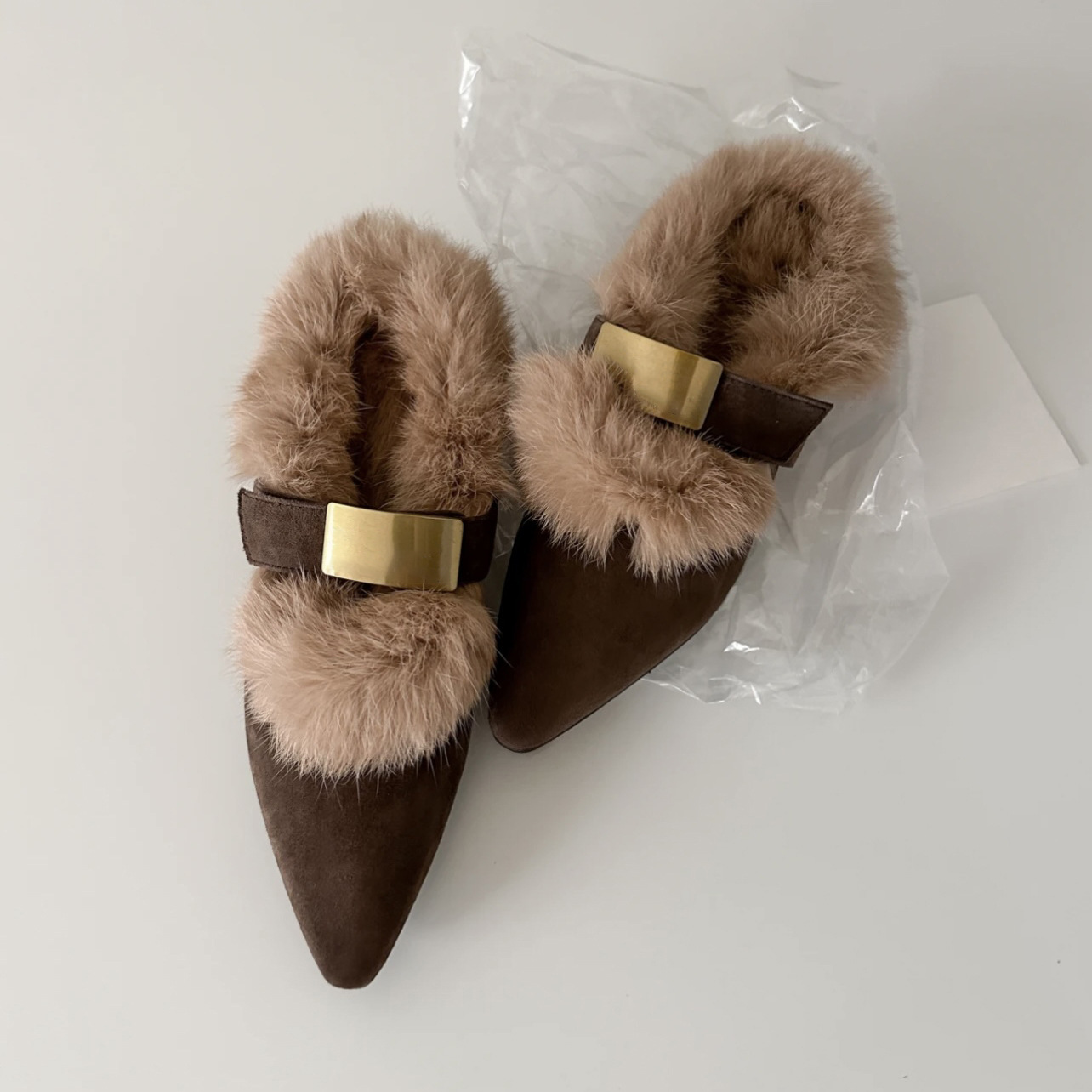 Retro Leather Slingback Plush Shoes Casual Outdoor Flat Furry Shoes foto 3