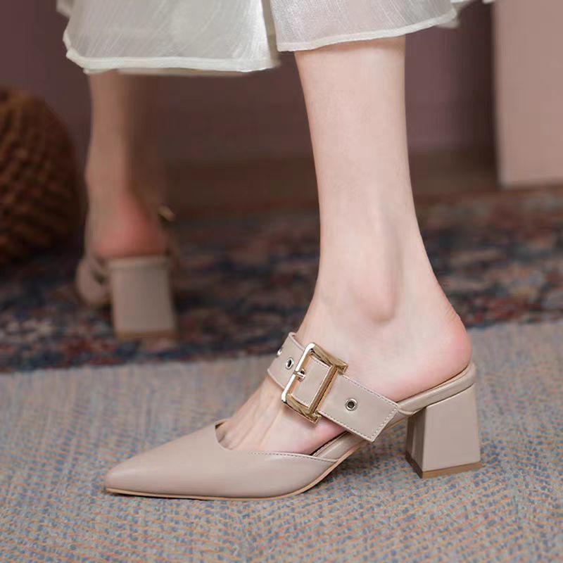 Womens Korean-style Pointed-toe Chunky-heel Closed-toe Slippers foto 2