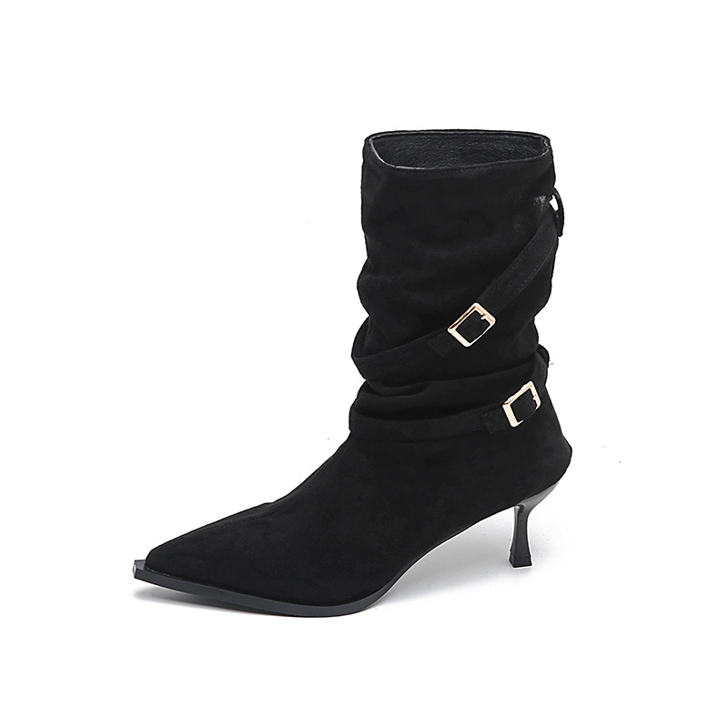 Fashionable And Versatile Pointed Toe Stiletto Heel Suede French Slim Ankle Boots foto 3