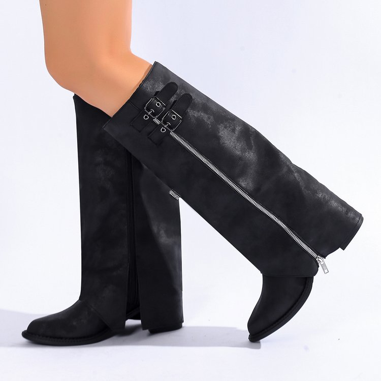 Pointed-toe Vintage Leather-buckle High-heeled Boots For Women foto 5