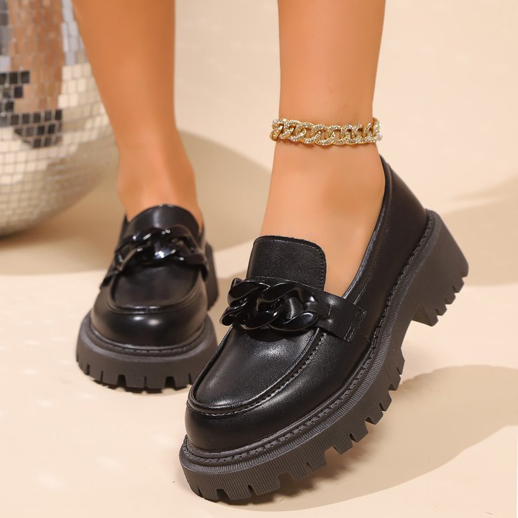 Retro Round-toe Chunky-soled Black Leather Shoes foto 2