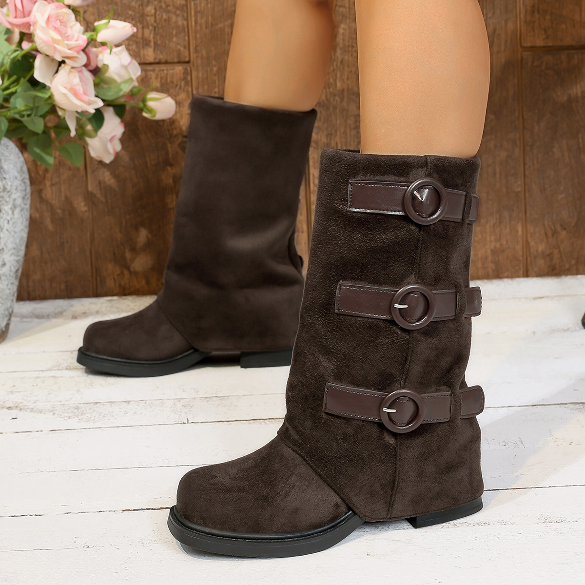 Vintage Suede Belt Buckle Pantyhose Boots foto 2