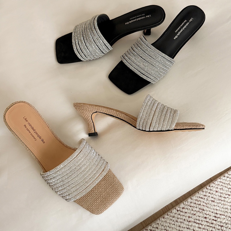 Luxury Handcrafted Rhinestone-Embellished Mule Sandals, Women's Square Toe Kitten Heel Slides With Premium Pigskin Lining foto 4