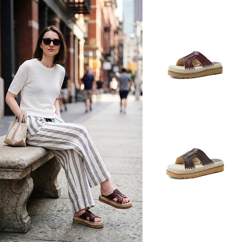 Women's Handmade Full-Grain Sheepskin Espadrille Platform Slides, Cut-Out Open-Toe Summer Sandals foto 4