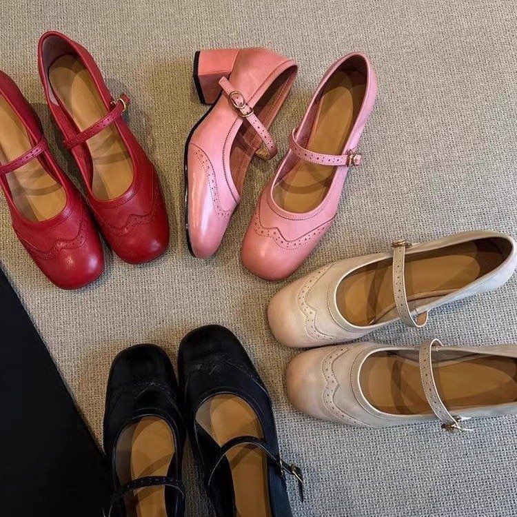 Carved High Heels Female Square Toe Genuine Leather All-match foto 5