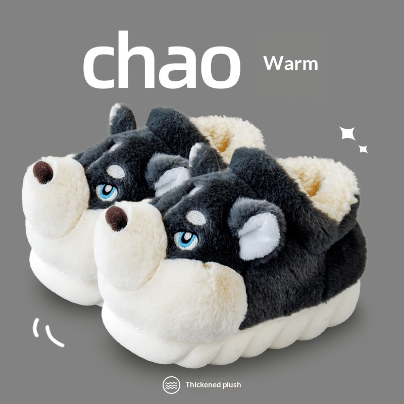 Cute Husky Cartoon Pure Cotton Slippers Men's Style Warm Indoor Slippers For Winter Home Use foto 4