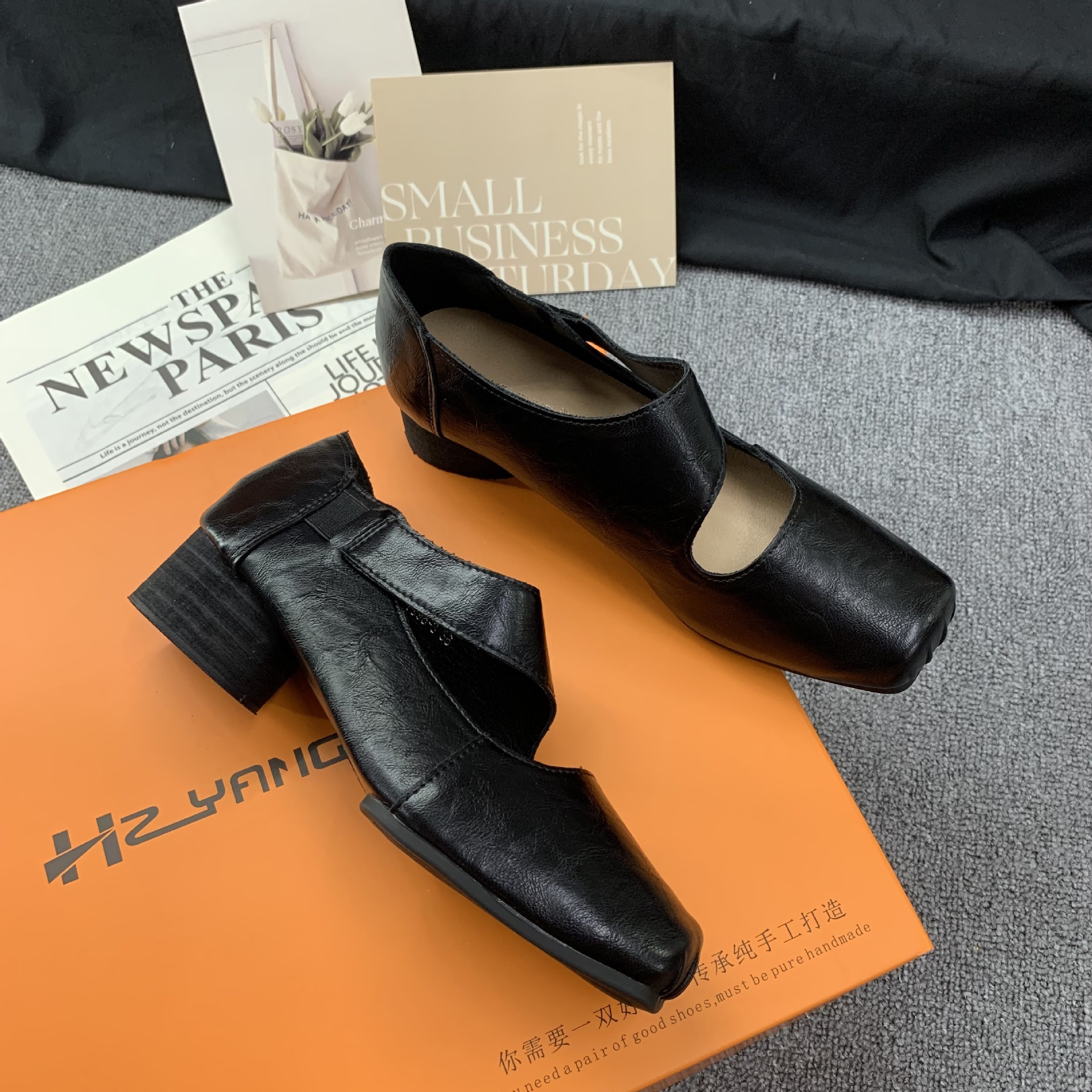 Textured Horsehide Square-toe Chunky-heel Soft-upper Womens Ballet Flats foto 4