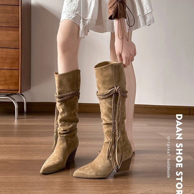 Tassel Hemp Rope Martin Boots Women Pointed Toe Chunky Heel Cowboy Boot foto 5