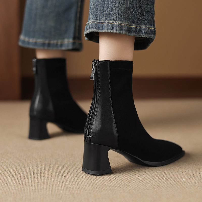 French-style Vintage Leather Patchwork Mid-heel Ankle Boots foto 4
