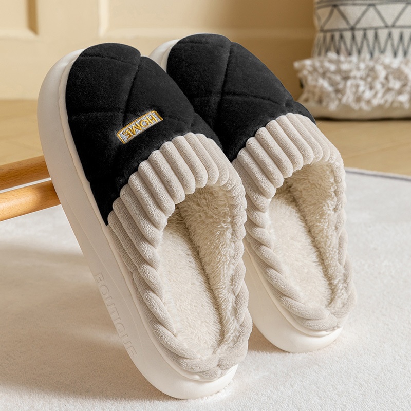 Men's Rhombic Sewing Plush Slippers Winter Warm Non-slip House Shoes For Women Bedroom Floor Home Slipper Couple foto 3