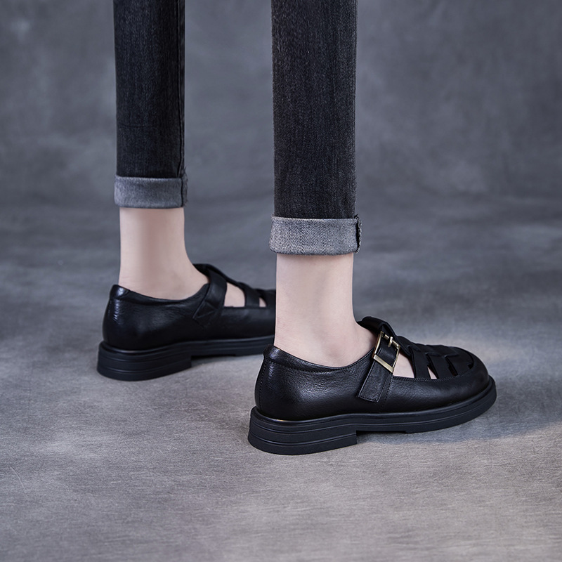 Genuine Leather Pitcher Plant Shoes Women's Round Head Hollow Flat foto 4