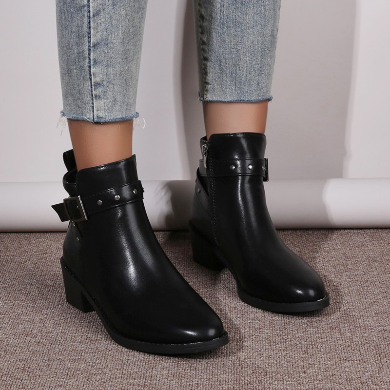 Retro Chunky Heel Studded Buckle Pointed Toe Martin Boots foto 5
