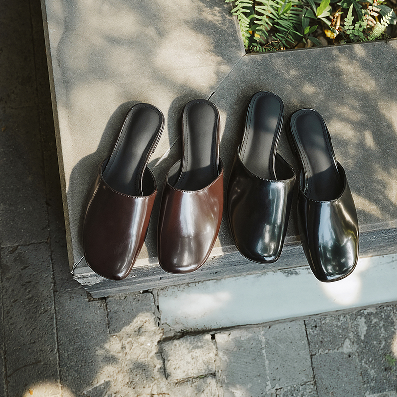 Women's Handmade Full-Grain Leather Closed-Toe Mules, Square-Toe Slip-On Flat Slides With Sheepskin Lining & Insole foto 4