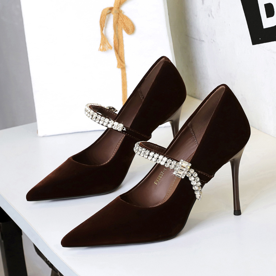 Pointed Toe Shallow Vamp Single Shoes With Rhinestone Strap Suede Commuting Shoes Banquet Shoes foto 3