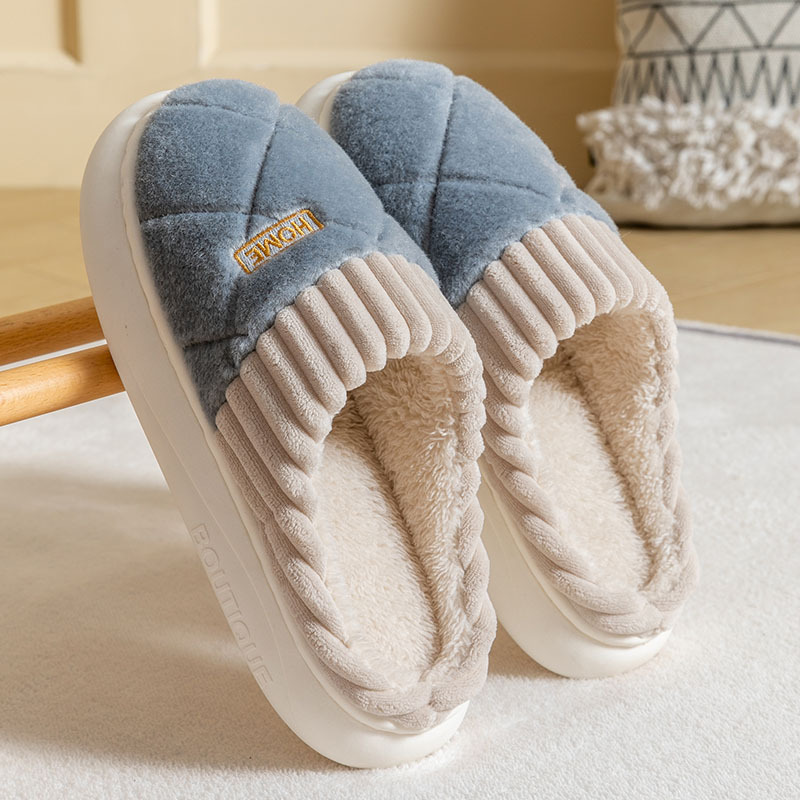 Men's Rhombic Sewing Plush Slippers Winter Warm Non-slip House Shoes For Women Bedroom Floor Home Slipper Couple foto 2