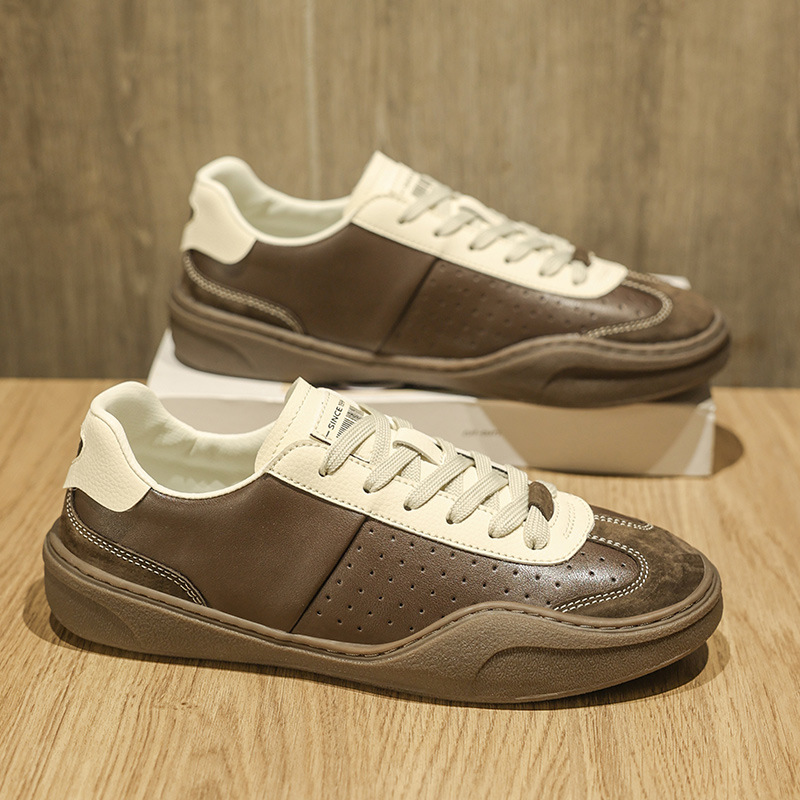 Stitching Contrast Color Genuine Leather Platform Flat Casual Board Shoes