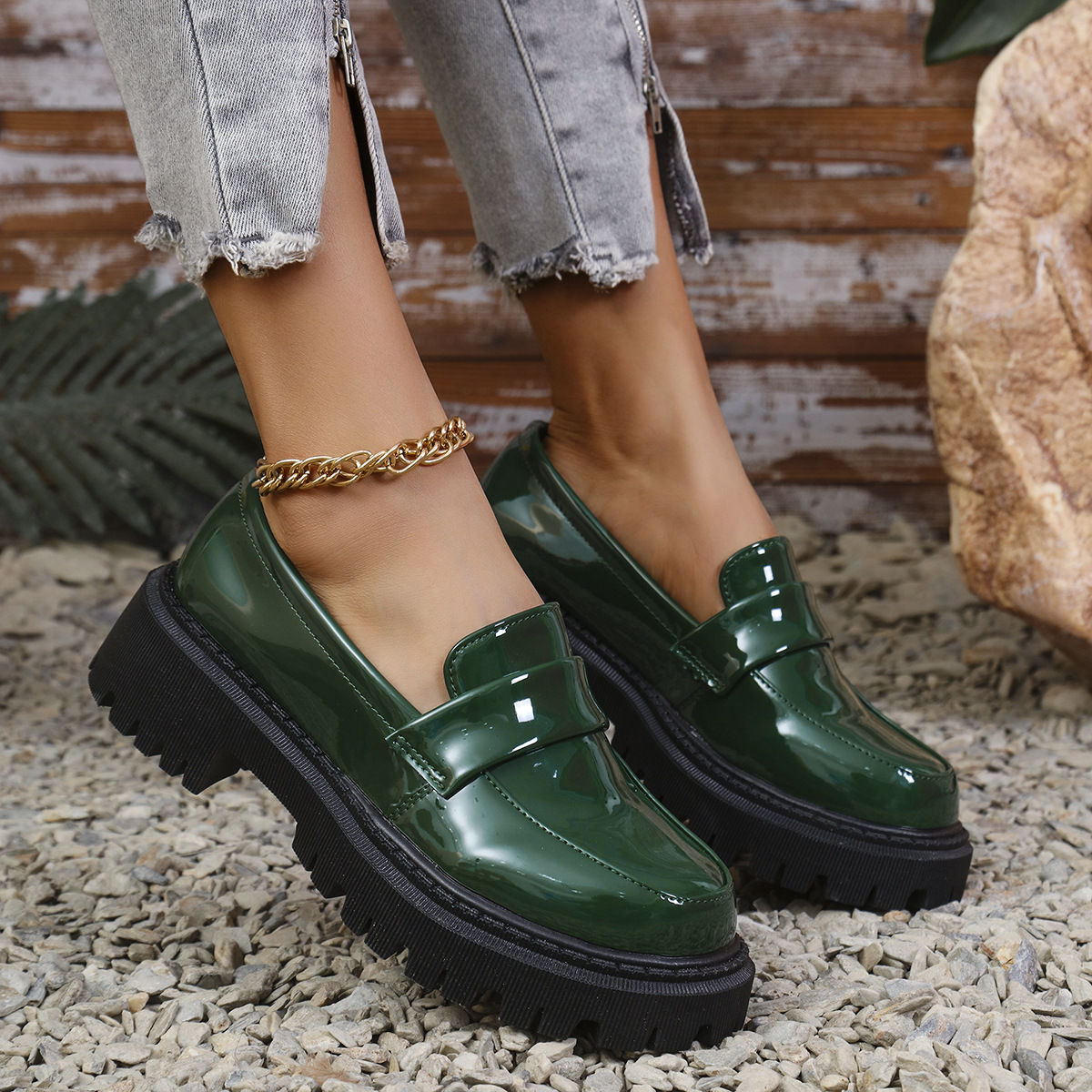 Plus Size British Style Slip-on Thick Bottom Chunky Heel Stylish Loafers foto 4