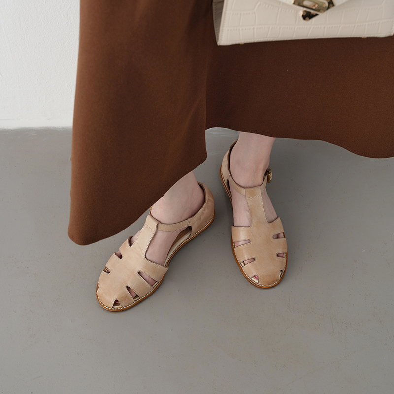 Retro Roman Closed Toe Leather Sandals, Premium Full Grain T-Strap Flats foto 5