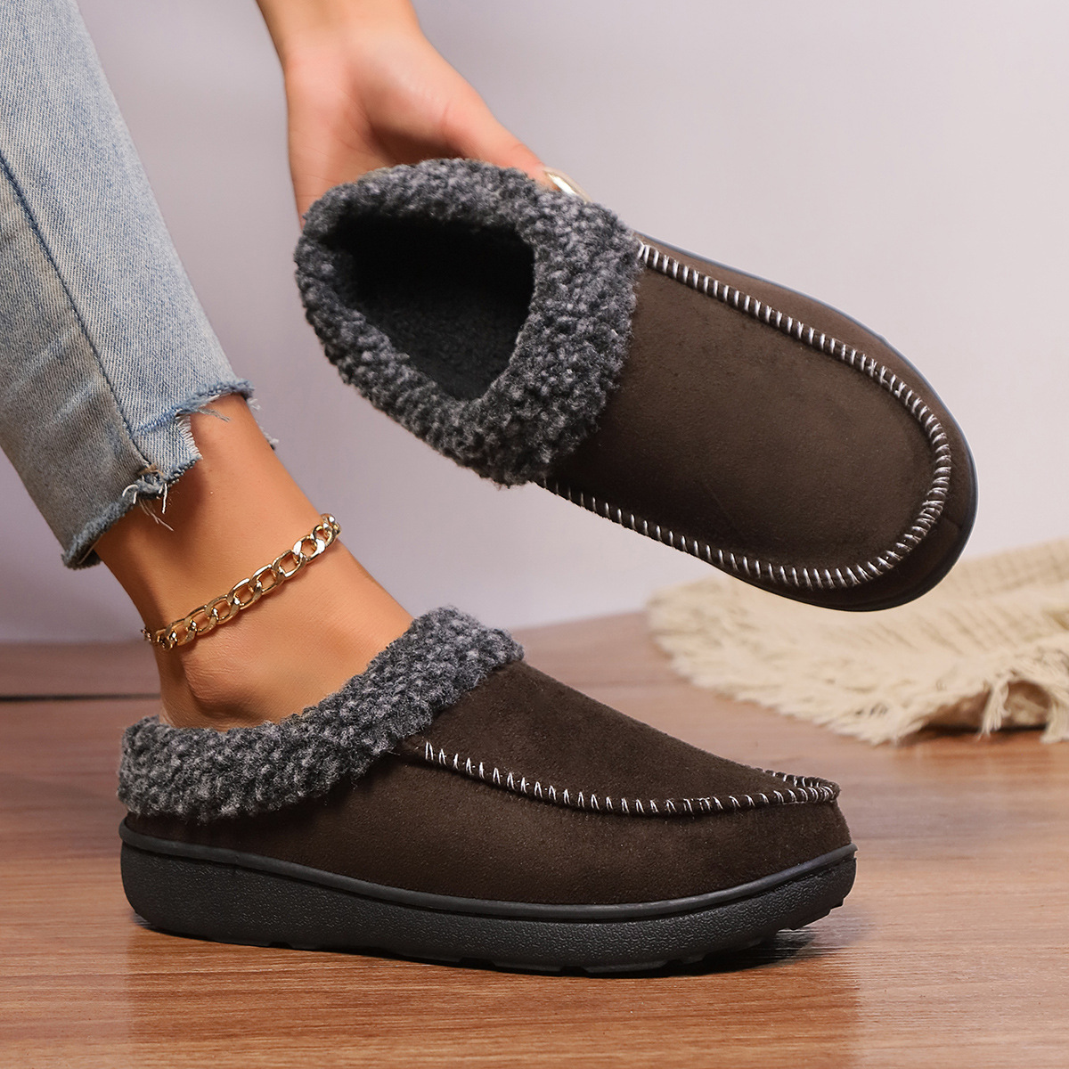 Thickened Autumn And Winter Indoor Half-covered Heel Home Cotton Slippers foto 3