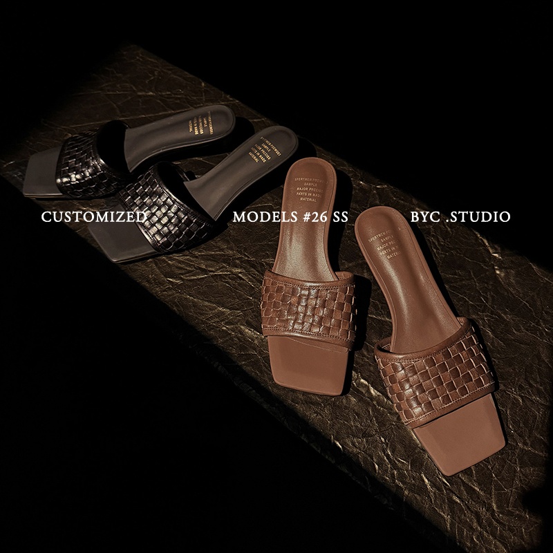 Women's Handmade Full-Grain Leather Woven Kitten Heel Slides, Square Toe Sheepskin Lined Mule Sandals foto 5