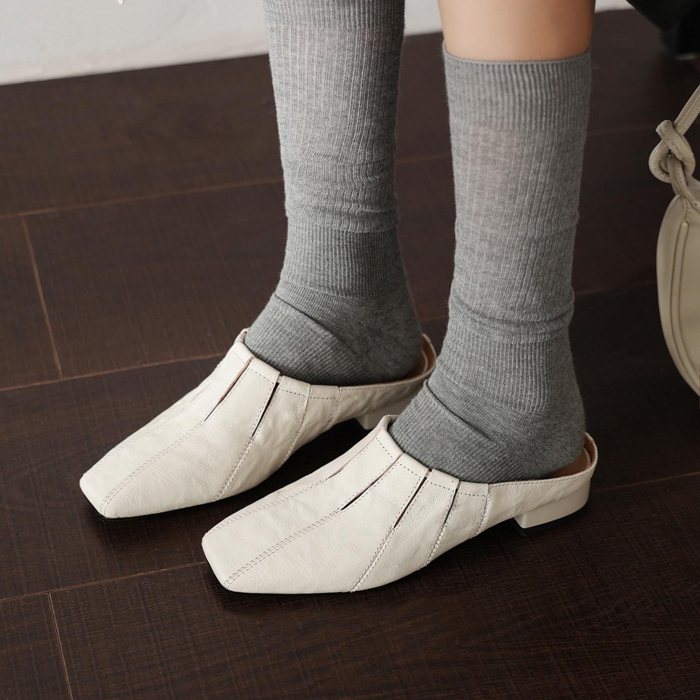 Minimalist Handcrafted Washed Leather Mules, Women's Full-Grain Cowhide Square Toe Backless Shoes foto 3