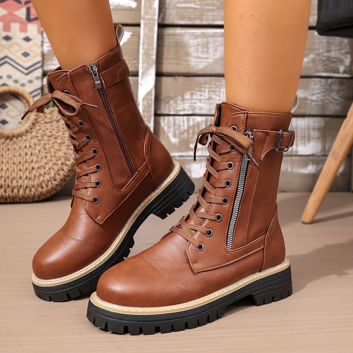 New Women's Solid Color Low Heel Middle Boots foto 4