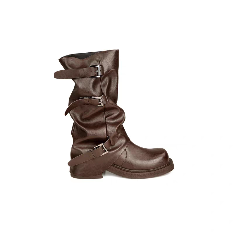 Belt-buckle Square-toe Pleated Mid-calf Womens Boots foto 5