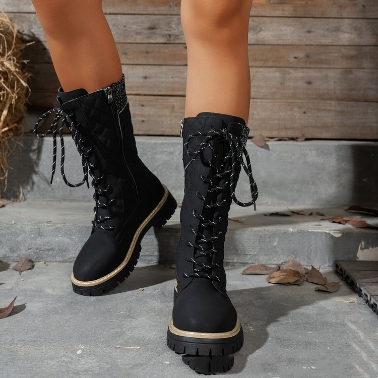 Check The Color-matched Front-lace-up Thick-heeled Martin Boots foto 3