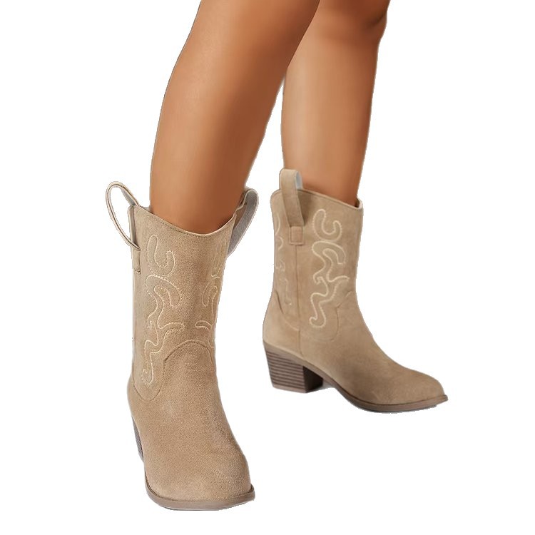 Pointed Toe Western Boots Fashion Retro Embroidered Chunky Square-heeled Mid-calf Boot For Women foto 2