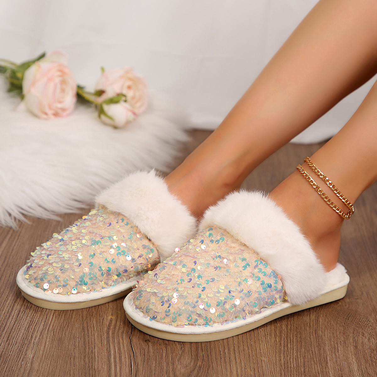 Sequin Flat Plush Slippers For Women foto 3