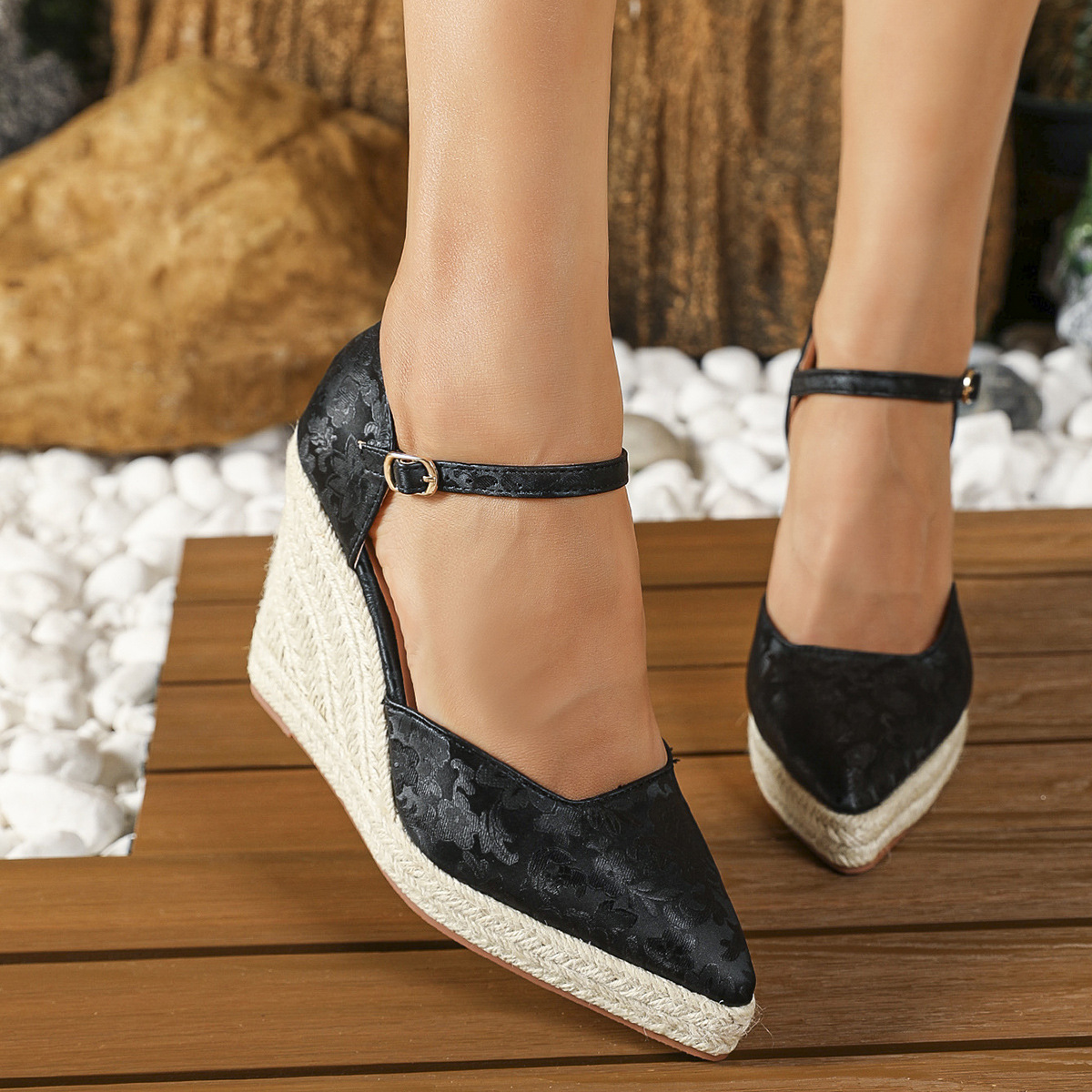 Wedge Platform High Heel Pointed-toe Hollowed Shallow Mouth Pumps Straw Woven Hemp Rope Bottom foto 4
